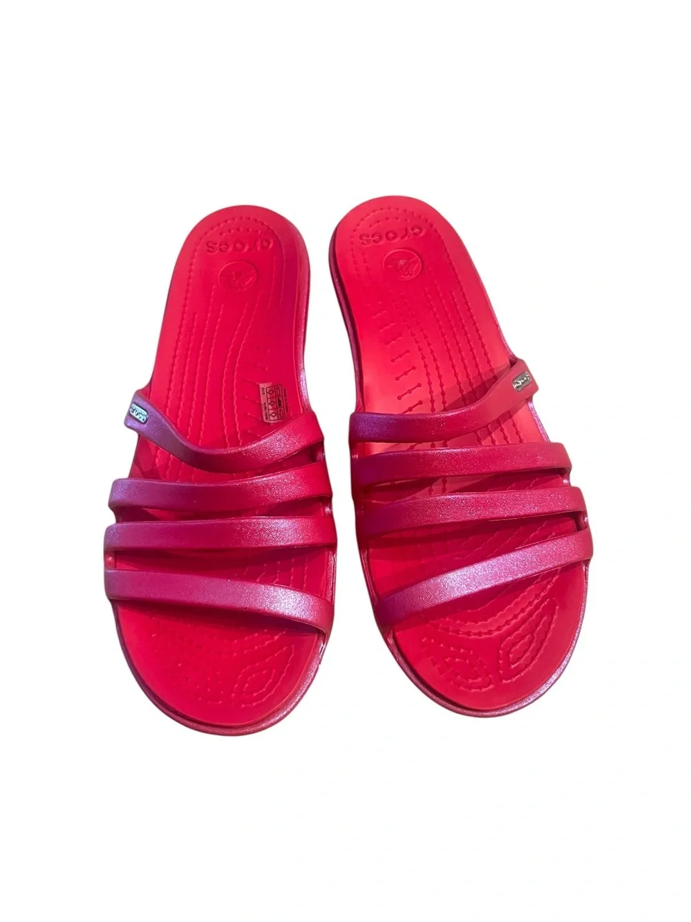 CROCS Rhonda Shimmery Hot Pink Multi-Strap Slide Sandals Sz 10